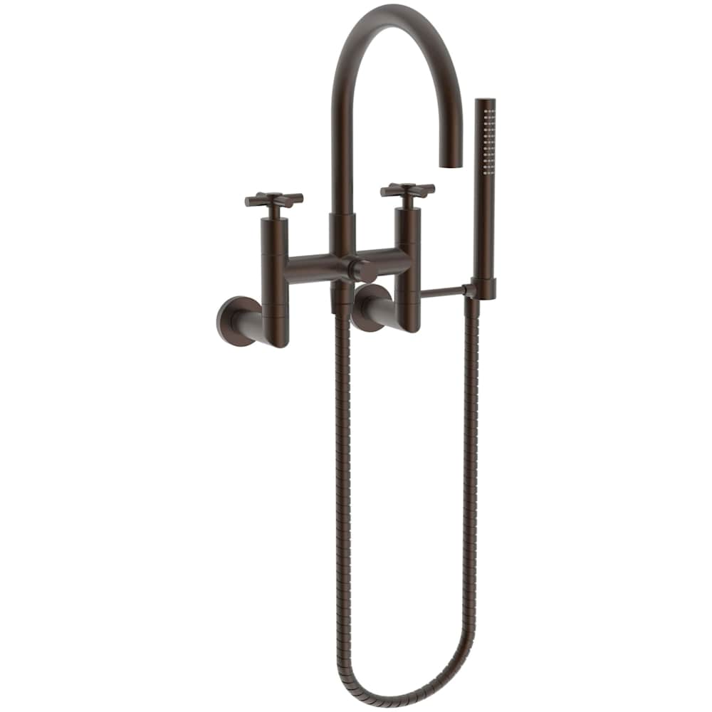 East Linear Wall Mounted Tub Filler with Cross Handles and Built-In Diverter - Includes Hand Shower