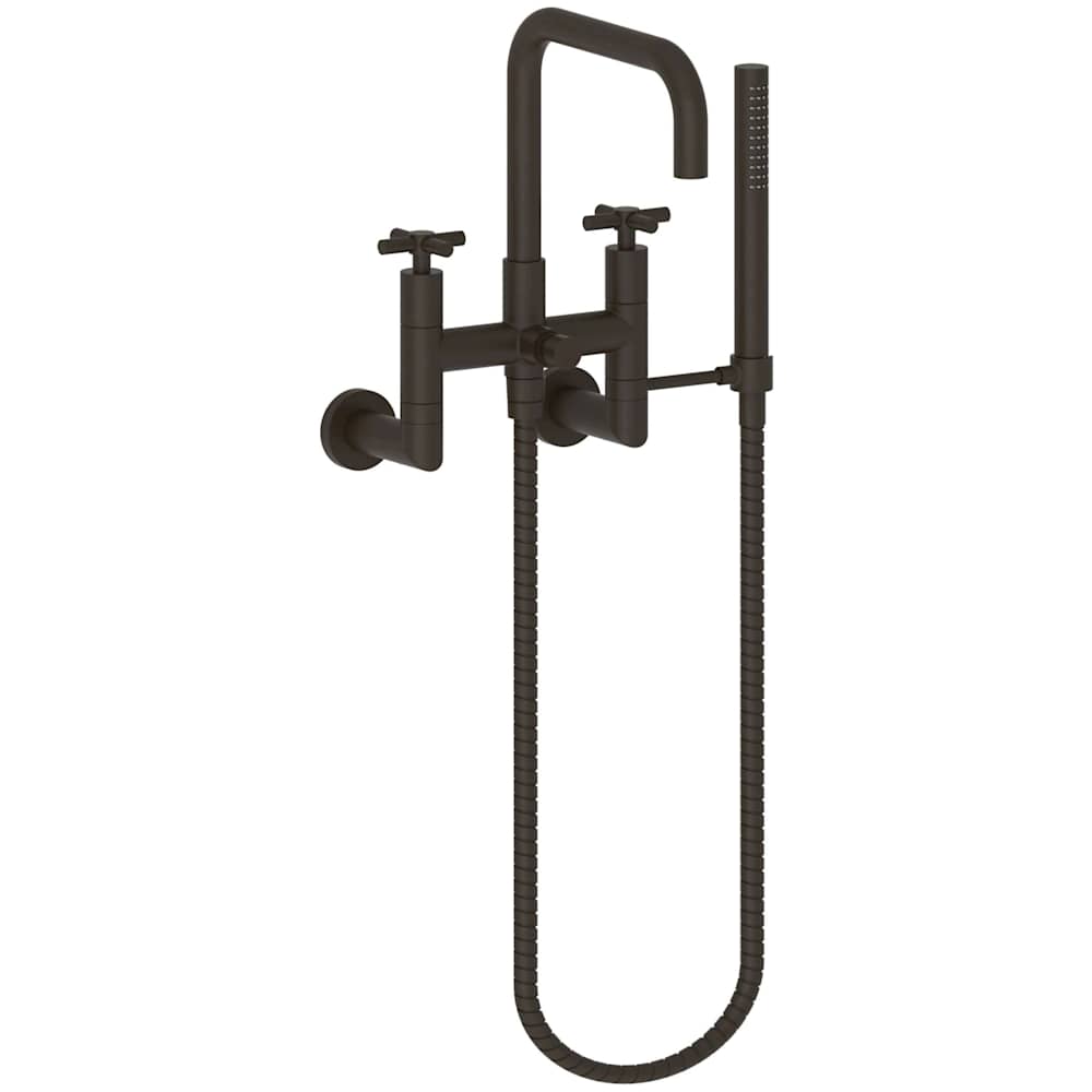 East Square Wall Mounted Tub Filler with Cross Handles and Built-In Diverter - Includes Hand Shower
