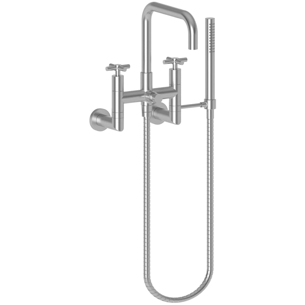 East Square Wall Mounted Tub Filler with Cross Handles and Built-In Diverter - Includes Hand Shower