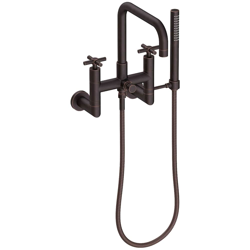 East Square Wall Mounted Tub Filler with Cross Handles and Built-In Diverter - Includes Hand Shower