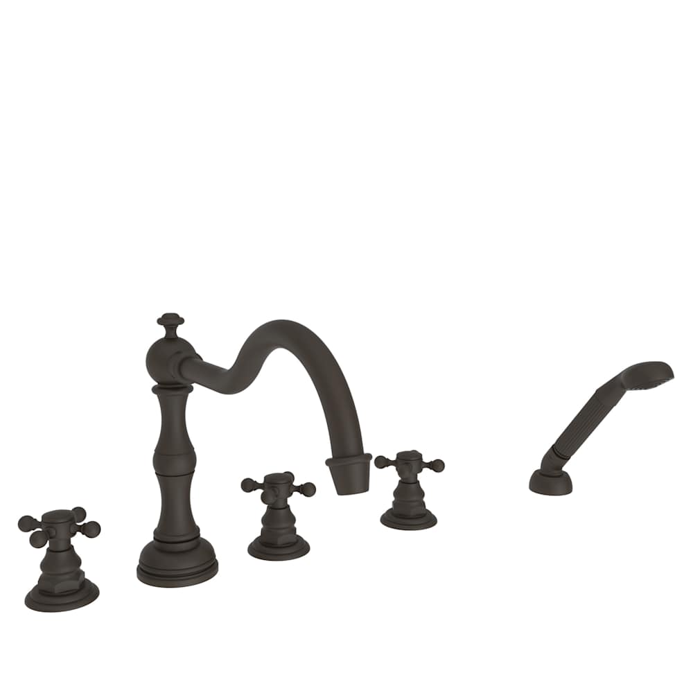 Chesterfield Triple Handle Deck Mounted Roman Tub Filler with Handshower and Metal Cross Handles