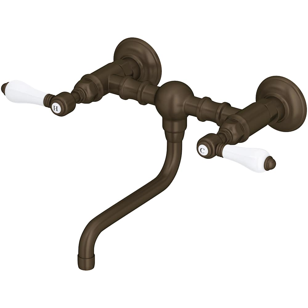 Acqui 1.2 GPM Wall Mounted Widespread Bridge Bathroom Faucet with Porcelain Lever Handles