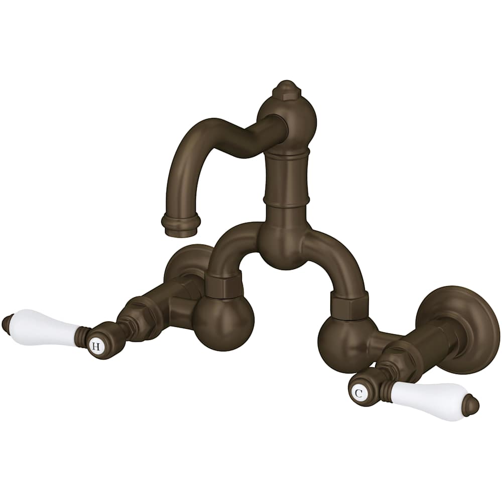 Acqui 1.2 GPM Wall Mounted Widespread Bridge Bathroom Faucet with Pop-Up Drain Assembly and Porcelain Lever Handles