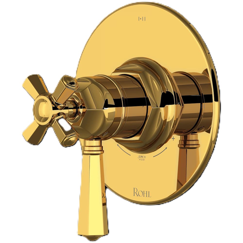 Two Independent and One Shared Function Thermostatic Valve Trim Only with Single Cross / Lever Handle, Integrated Diverter, and Volume Control - Less Rough In