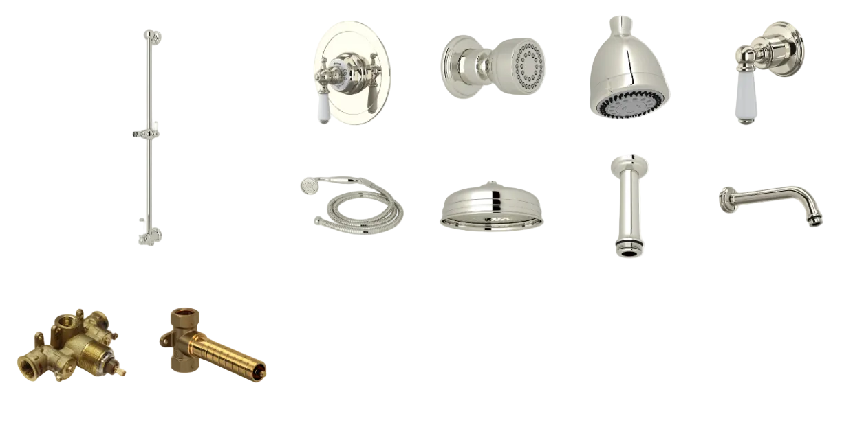Edwardian Thermostatic Shower System with Shower Head, Hand Shower, Slide Bar, Bodysprays, Shower Arm, Hose, and Valve Trim
